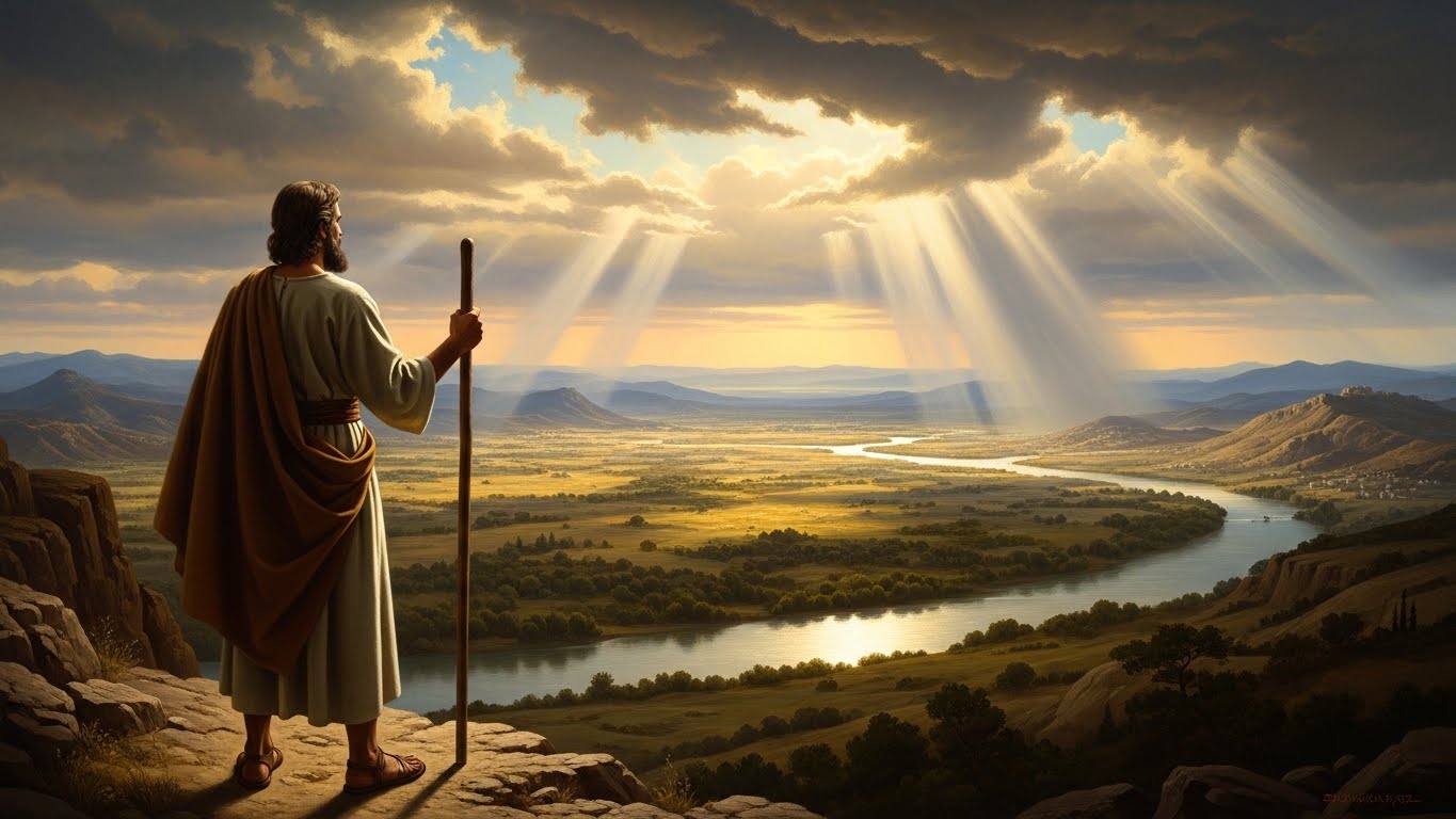 Ilustração de Josué observando a Terra Prometida representando o versículo Josué 1:9 sê forte e corajoso