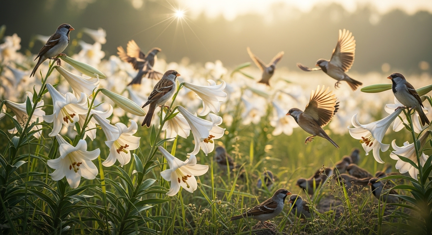 Lírios do campo e pássaros representando a providência de Deus em Mateus 6:33