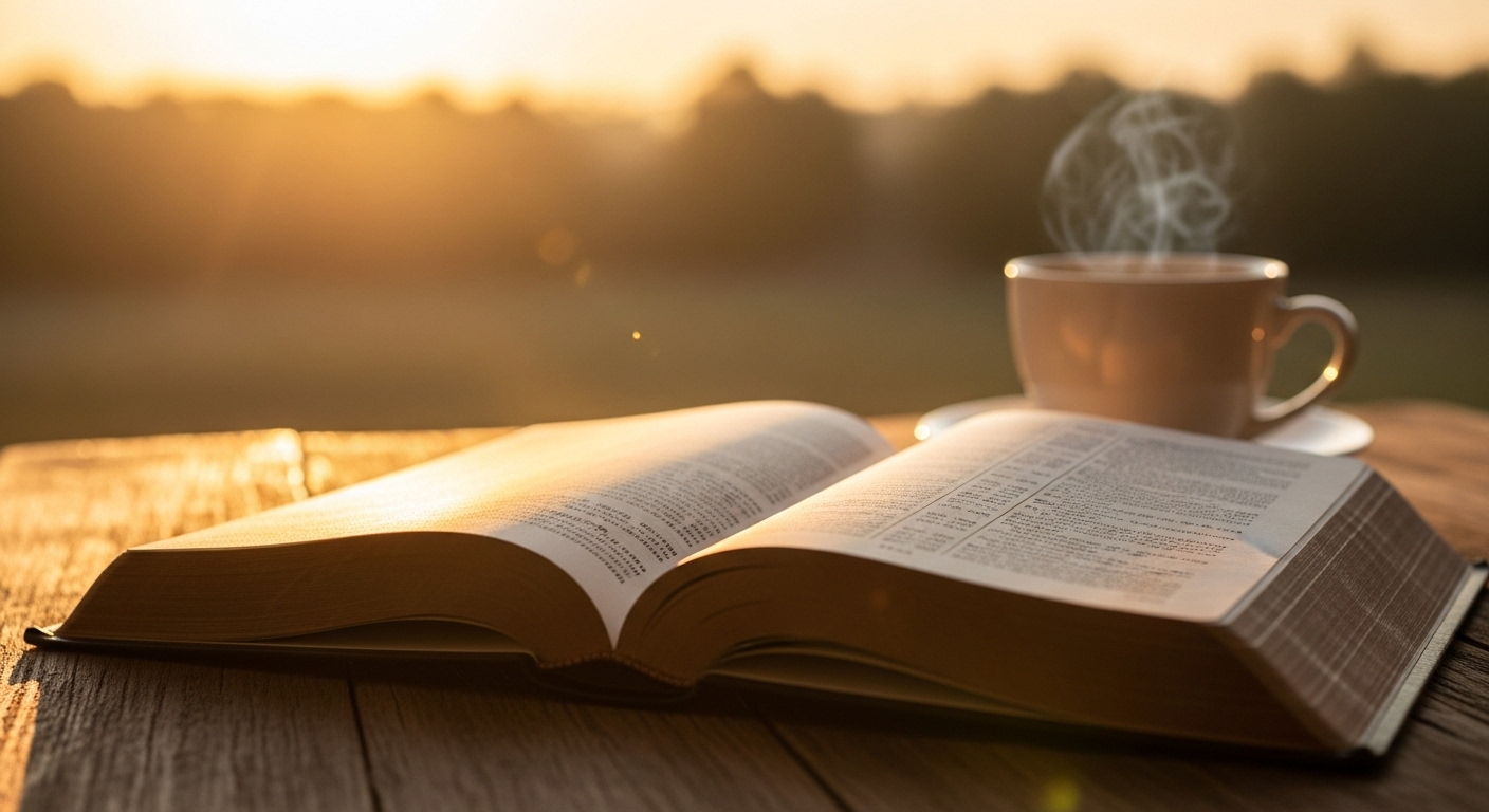 Bíblia aberta em João 14 com luz da manhã - Estudo Não se Turbe o Vosso Coração