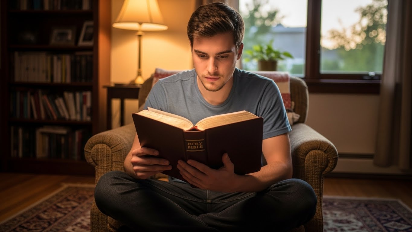 Menino jovem lendo a Bíblia.